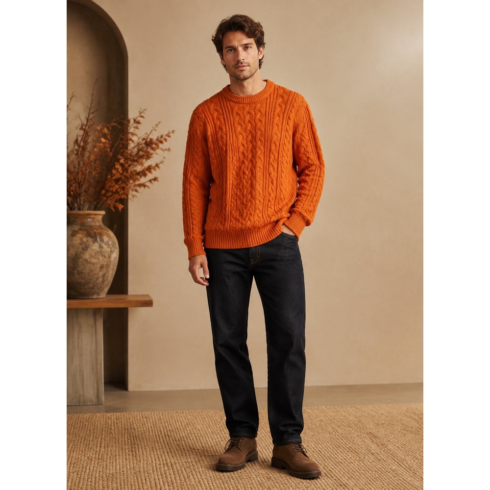 H&M Cable Knit Sweater Mens Small Orange Excellent Relaxed Fit Crew Neck